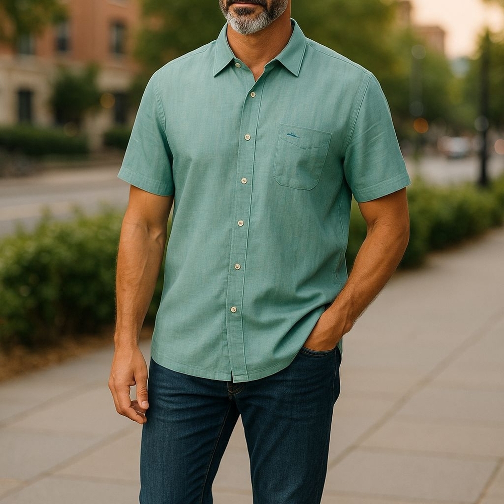 Tommy Bahama-Men's Cotton Short Sleeve, Aqua In Color Button Down, Logo On Chest